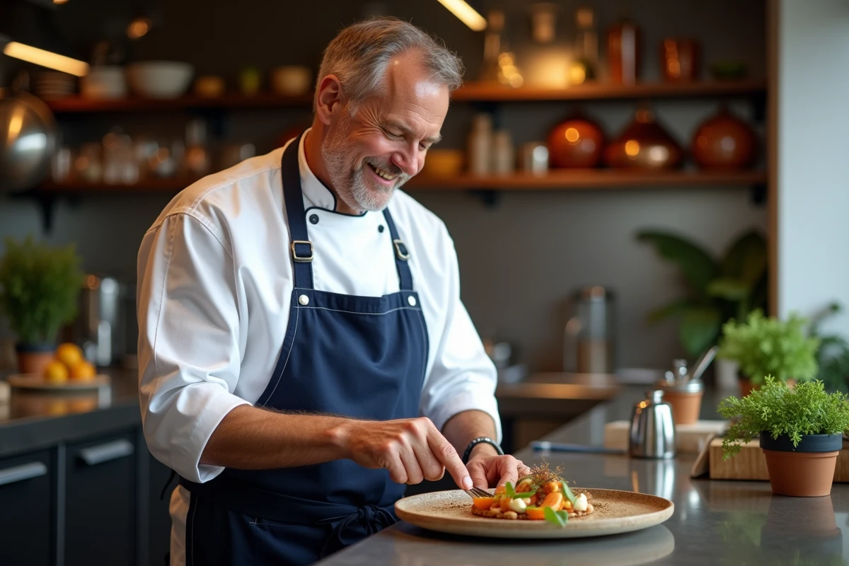 Chef français souriant en cuisine avec plat signature