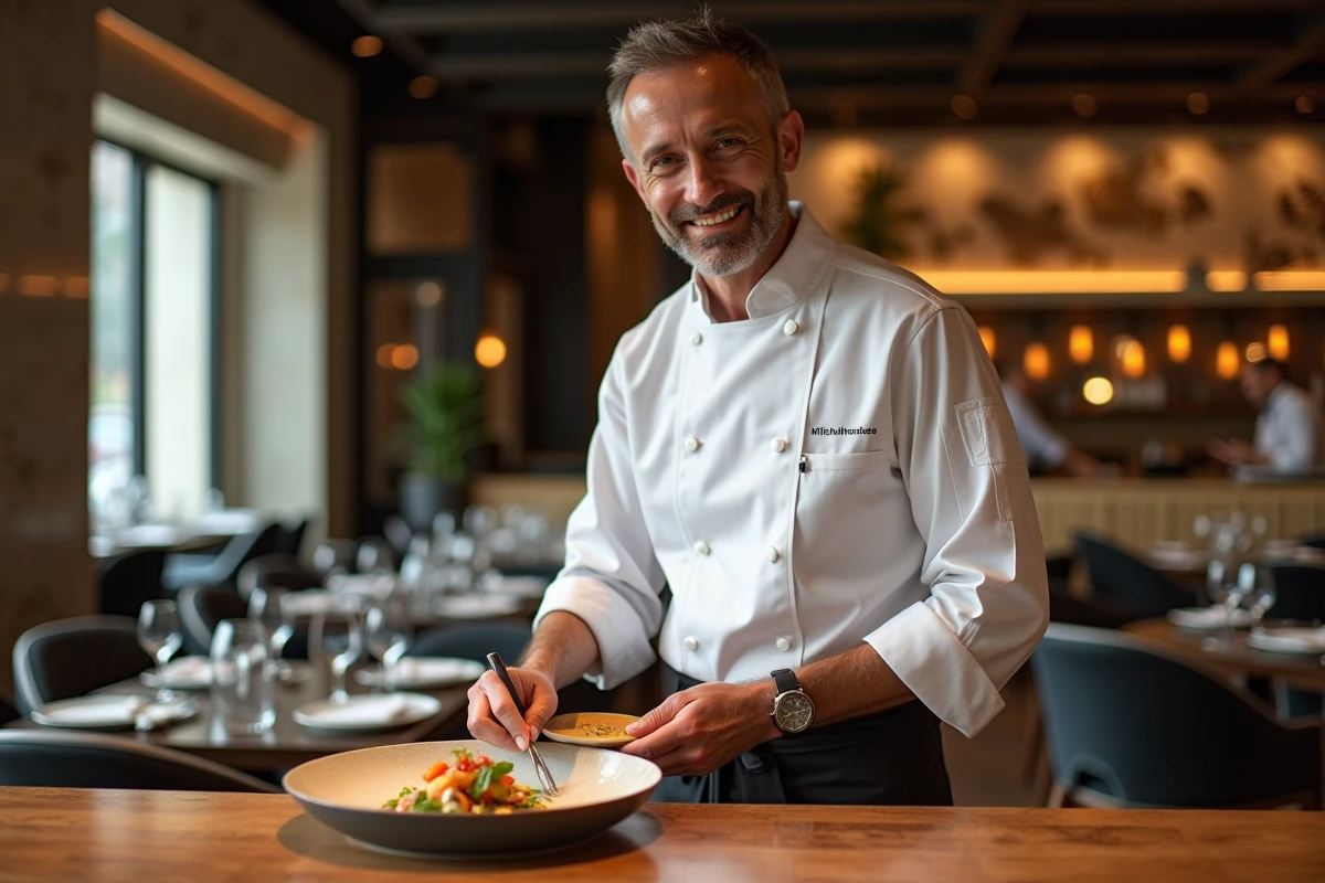 Chef en cuisine devant un plat sophistiqué dans un restaurant moderne