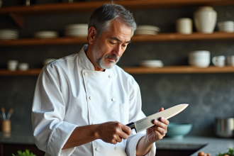 Chef japonais inspectant un couteau Santoku dans une cuisine moderne