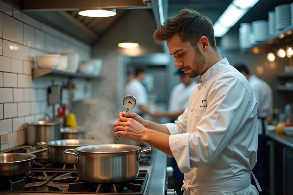 Jeune chef calibrant un thermometre dans une cuisine professionnelle