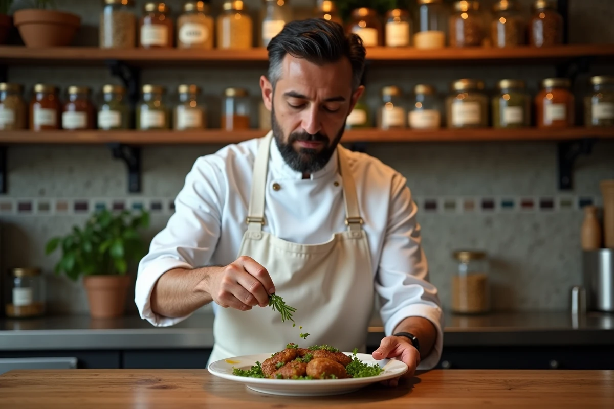 Chef cuisinier libanais préparant un plat de kibbeh dans la cuisine du restaurant Le Cèdre situé rue Mouffetard à Paris