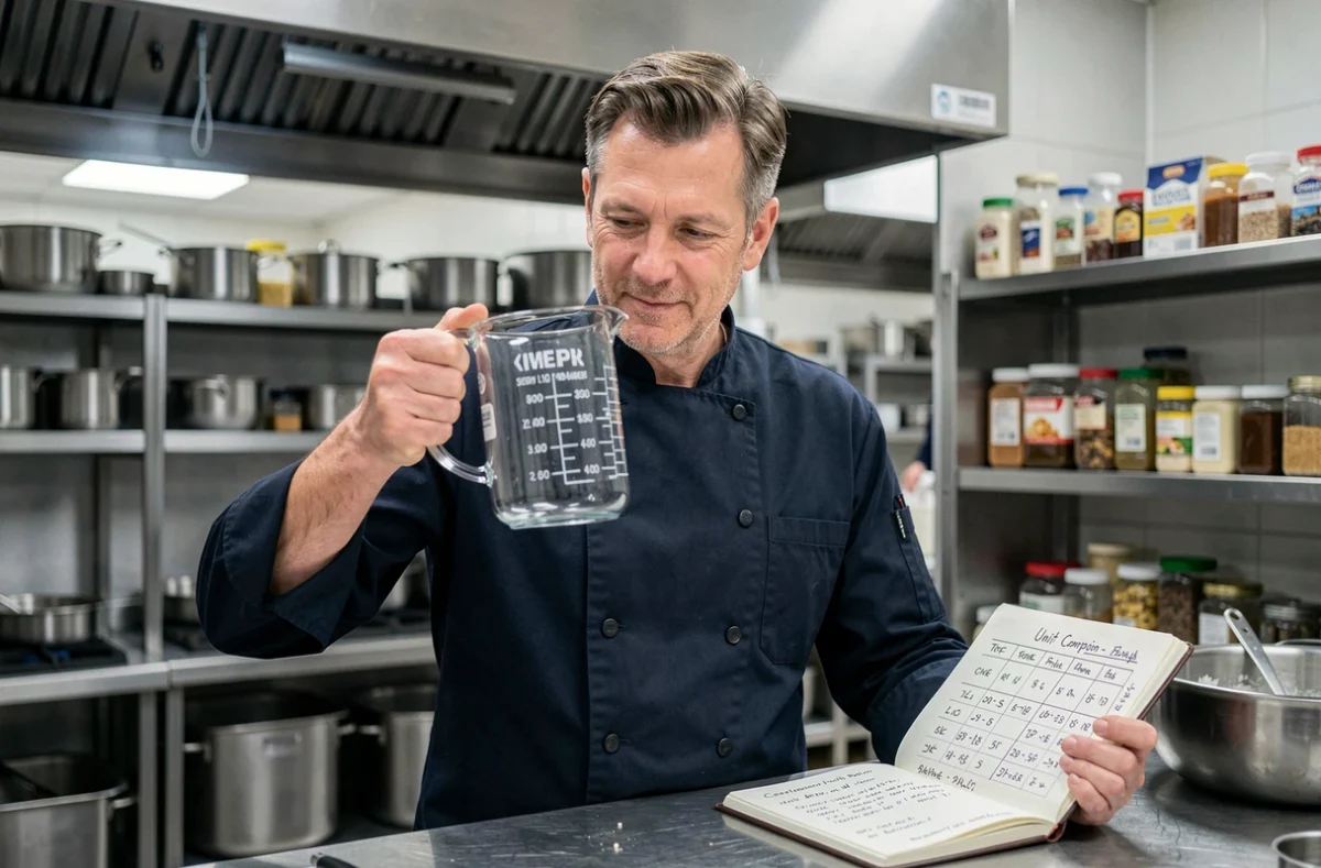 Chef cuisinier vérifiant la graduation en centilitres d'un pichet Pyrex dans une cuisine professionnelle, avec un carnet de conversions ouvert sur le plan de travail