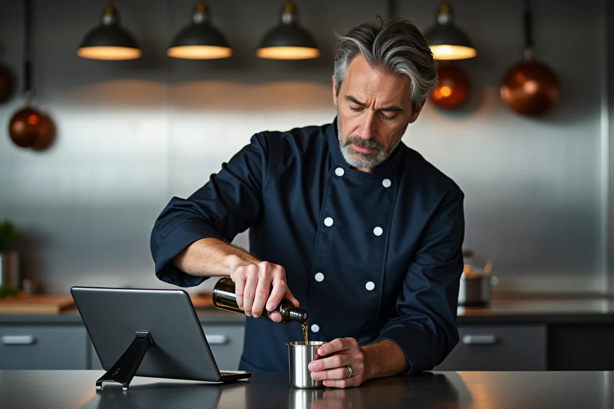 Chef mesurant de l'huile en centilitres avant conversion en grammes, utilisant une tablette avec un guide de conversion