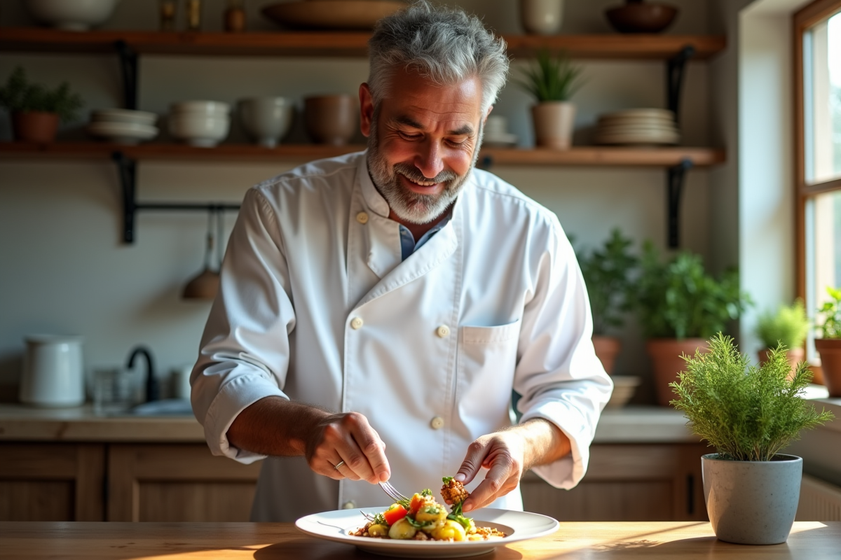 Chef en train de dresser un plat gourmet dans la cuisine