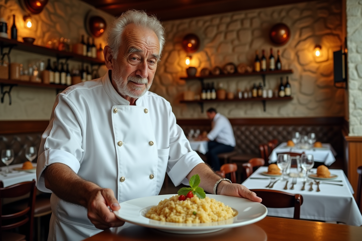Chef servant un risotto dans un restaurant chaleureux