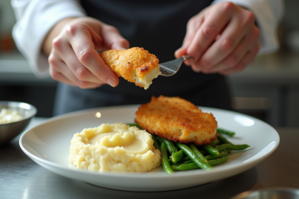 Chef servant un cordon bleu doré et croustillant dans une assiette
