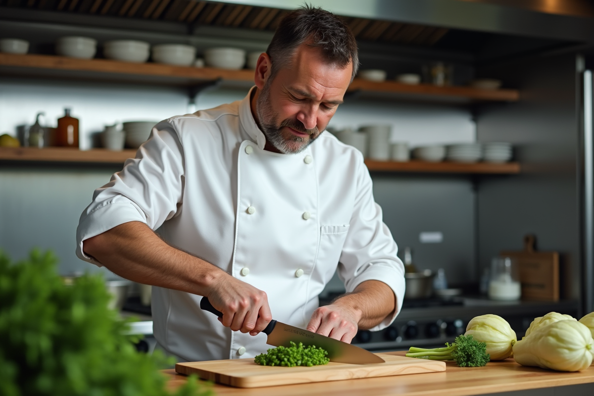Chef professionnel coupant des légumes verts frais