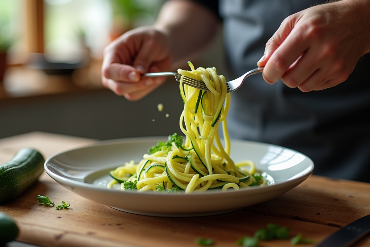Chef tournant délicatement des tagliatelles de courgettes