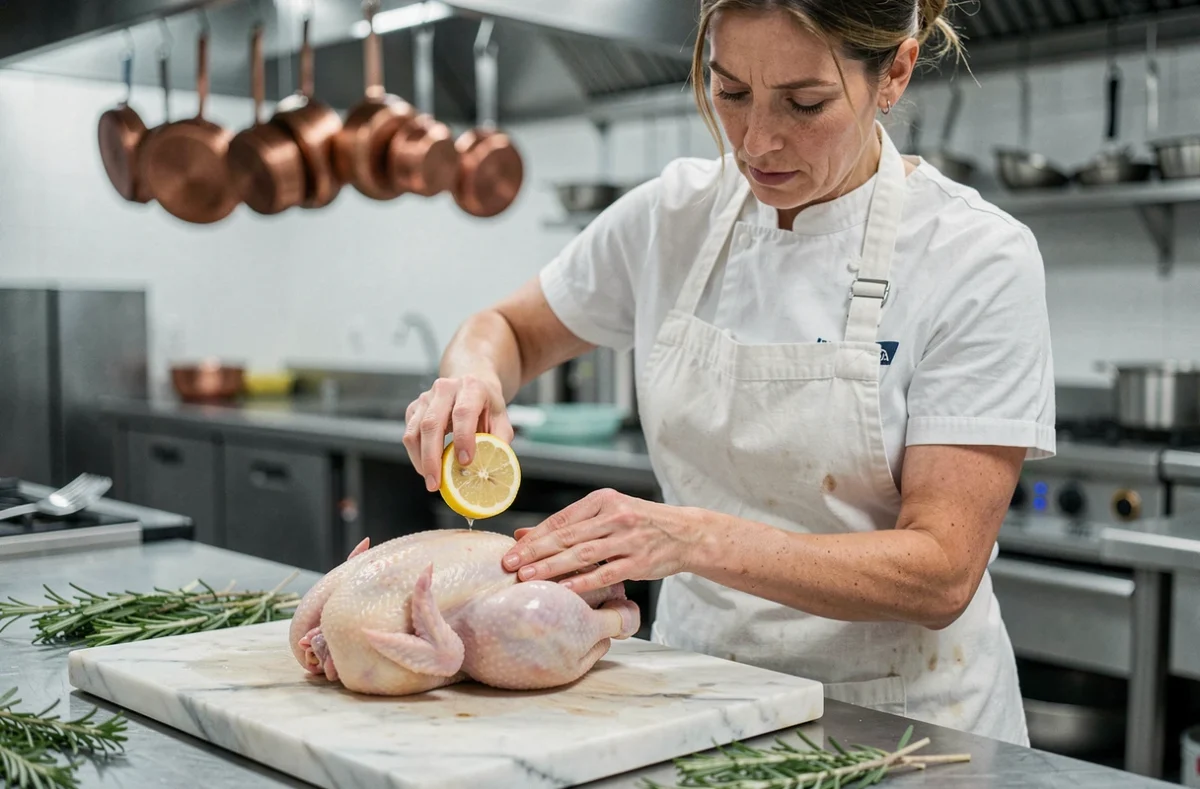 Cheffe cuisinière pressant un citron sur un poulet cru dans une cuisine de restaurant moderne
