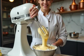 Cheffe pâtissière en train de monter une pâte à bombe dans un bol inox en cuisine professionnelle