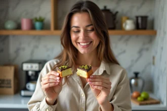 Jeune femme tenant un chocolat Dubaï cassé révélant une garniture pistache et kadaif dans une cuisine moderne parisienne
