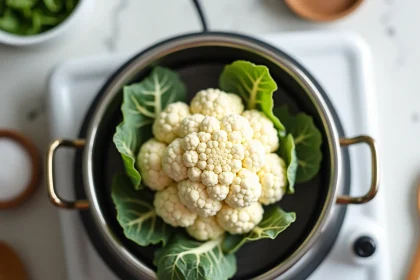 Chou-fleur entier dans un panier vapeur en inox posé sur une casserole, prêt à être cuit à la vapeur douce sur une plaque de cuisson moderne