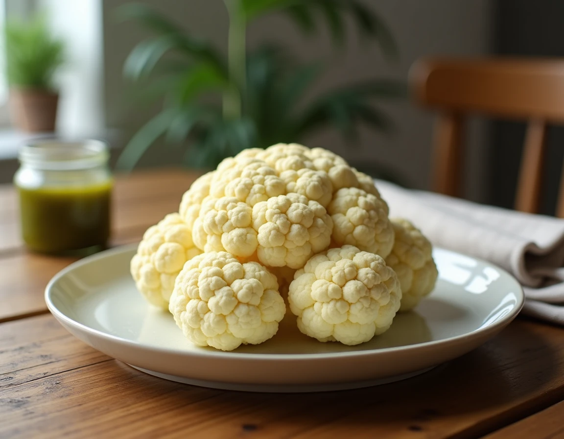 Chou-fleur entier cuit à la vapeur douce présenté sur une assiette en céramique blanche posée sur une table en chêne, accompagné d'une vinaigrette aux herbes