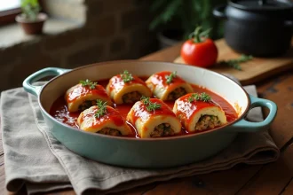 Plat de choux farcis légers en sauce tomate aux herbes dans un plat en céramique rustique sur table en chêne, ambiance soirée d'hiver