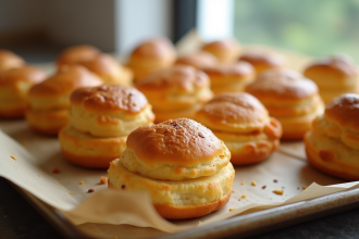 Choux dorés fraîchement cuits sur une plaque en papier cuisson