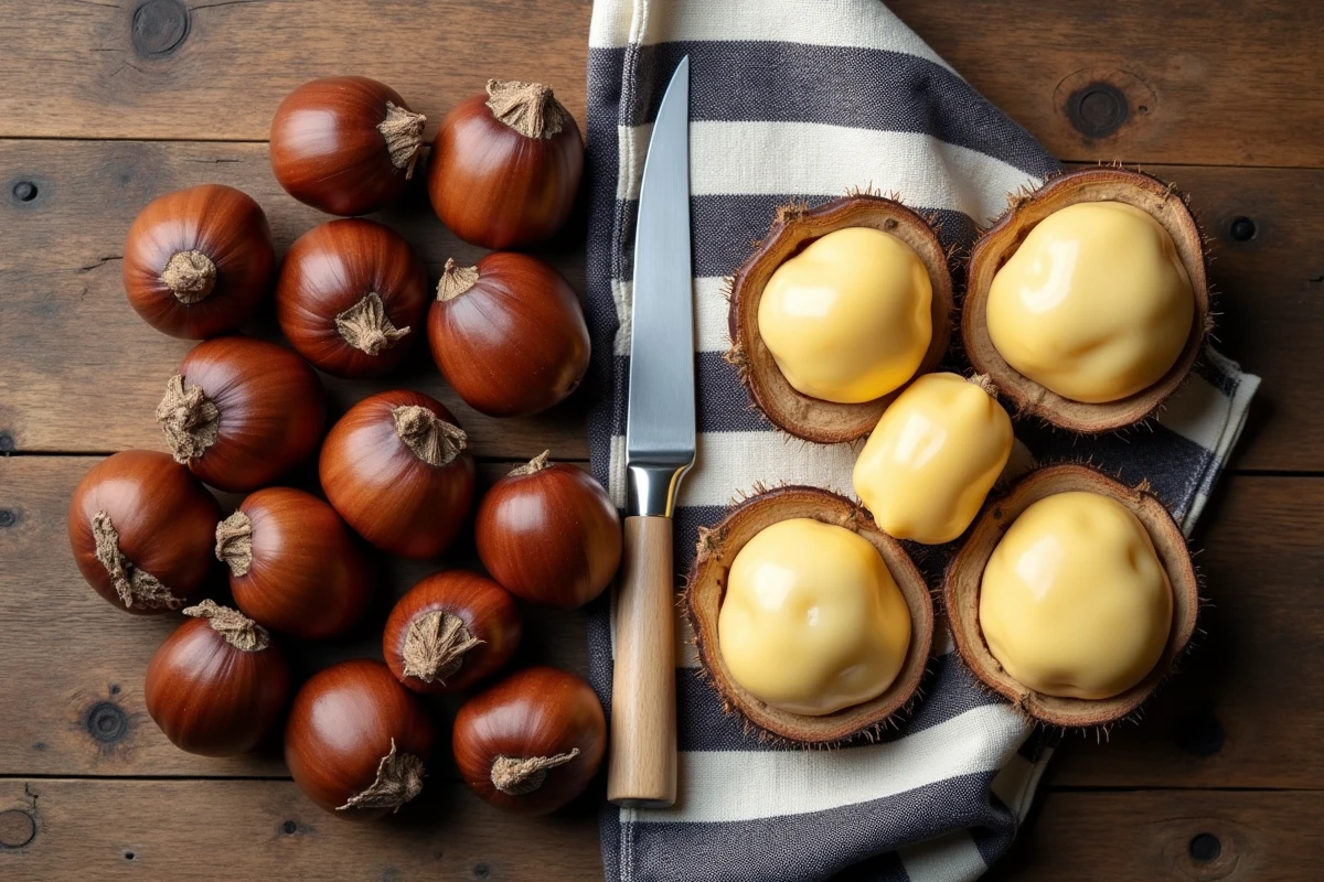 Comparaison entre châtaignes crues non épluchées et châtaignes cuites épluchées posées sur une table en bois