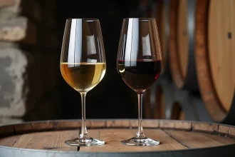 Deux verres de vin côte à côte sur un tonneau en chêne, comparant le sauvignon blanc et le cabernet sauvignon dans une cave en pierre
