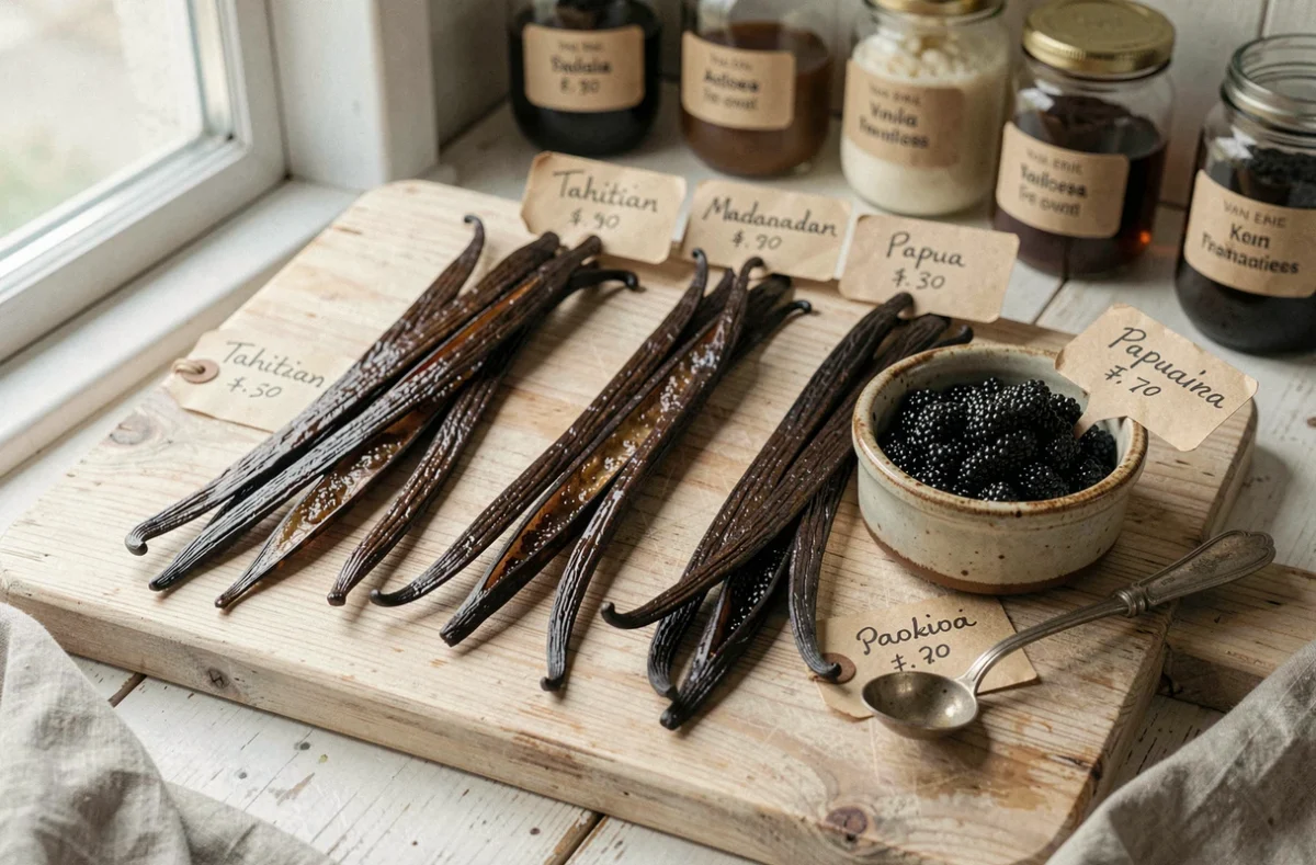 Trois variétés de gousses de vanille comparées avec étiquettes de prix artisanales sur un comptoir de pâtisserie en bois