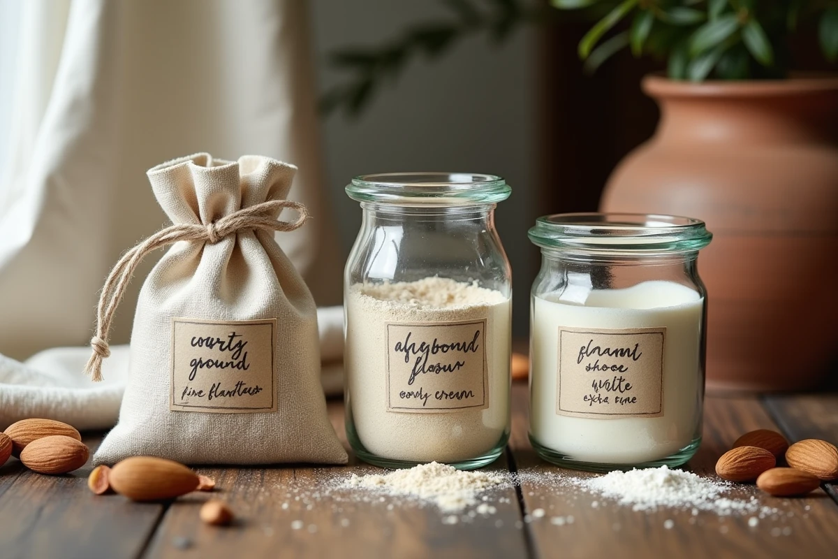 Comparatif de différentes qualités de poudre d'amande pour macarons dans des bocaux en verre