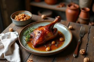 Confit de canard servi sur une assiette rustique avec chutney de figues et noix caramélisées sur une table en bois de ferme française