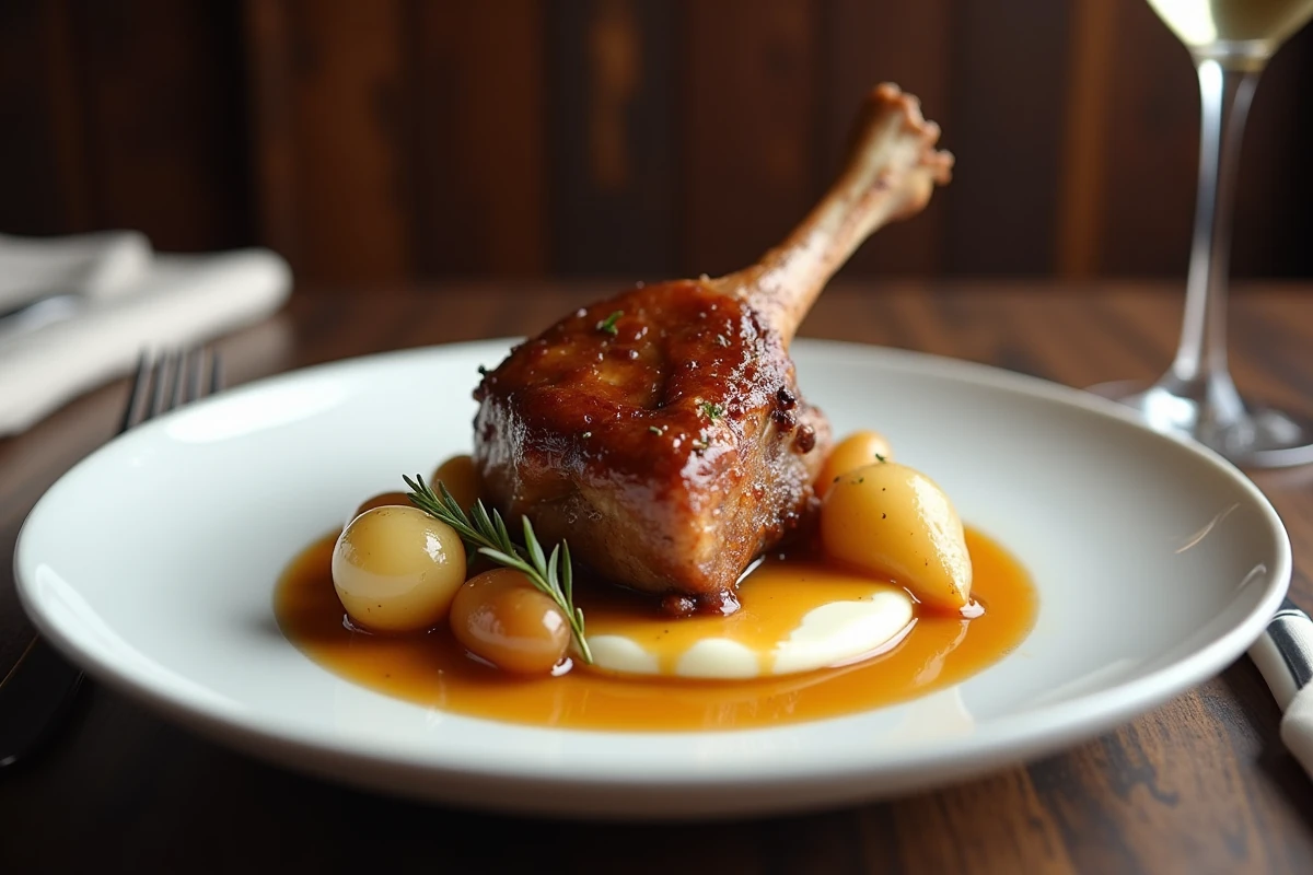Confit de canard en bistrot avec compote pomme calvados et réduction miel thym sur assiette blanche contemporaine