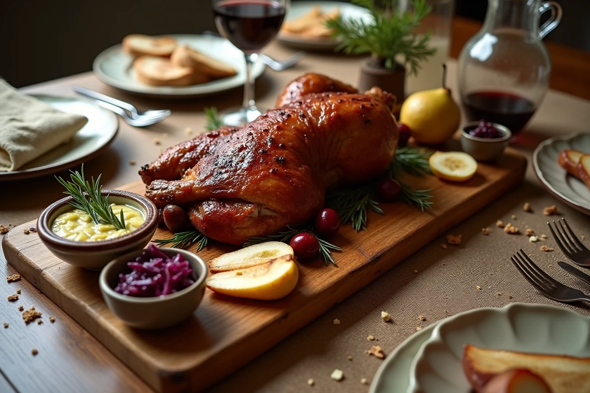 Plateau convivial autour du confit de canard avec confiture de cerises, chou rouge mariné et poires rôties pour un repas en famille