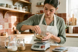 Jeune femme versant 125 grammes d'ingrédients sur une balance de cuisine avec un pichet gradué en centilitres posé à côté