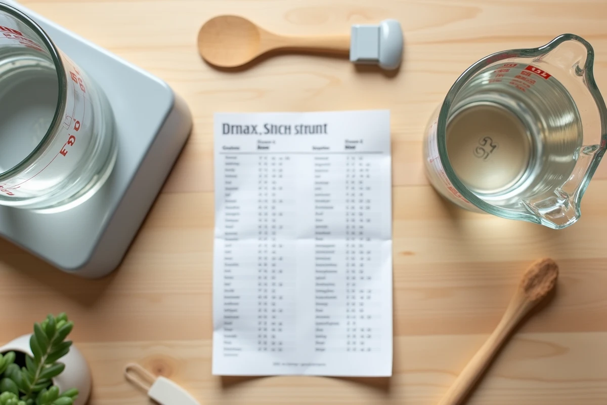 Vue de dessus d'une table de cuisine avec un verre gradué en centilitres et une balance en grammes pour convertir des mesures