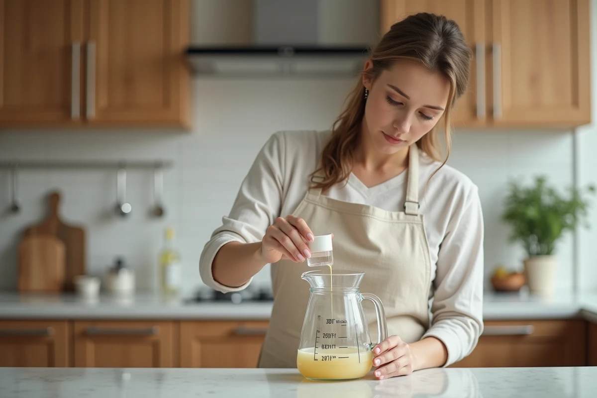 Femme versant 12,5 cl dans un verre doseur gradué en millilitres sur un plan de travail en marbre blanc