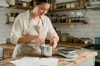 Femme mesurant de la farine avec une cup américaine à côté d'une balance numérique dans une cuisine maison