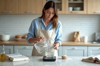 Femme mesurant de l'eau sur une balance de cuisine avec un pichet gradué, entourée d'ingrédients comme la farine, l'huile et le lait