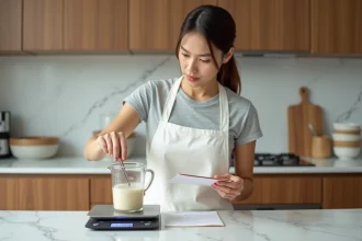 Femme mesurant un liquide en cl sur une balance de cuisine affichant des grammes, guide de conversion pratique