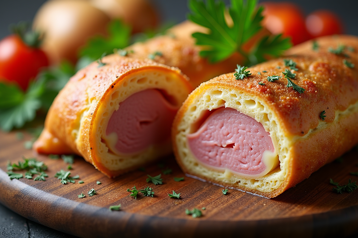 Tranche de cordon bleu avec jambon et fromage fondus entourée de légumes