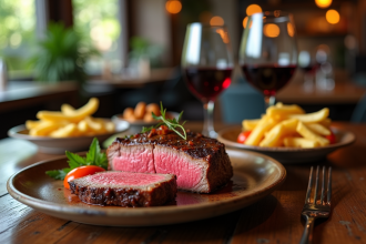 Côte de bœuf tranchée sur une table rustique avec frites et vin
