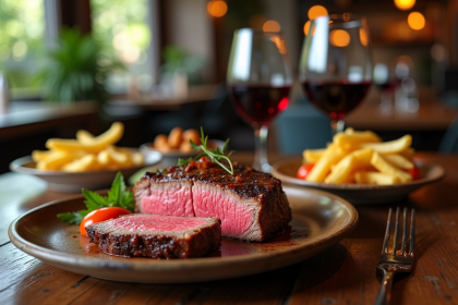 Côte de bœuf tranchée sur une table rustique avec frites et vin