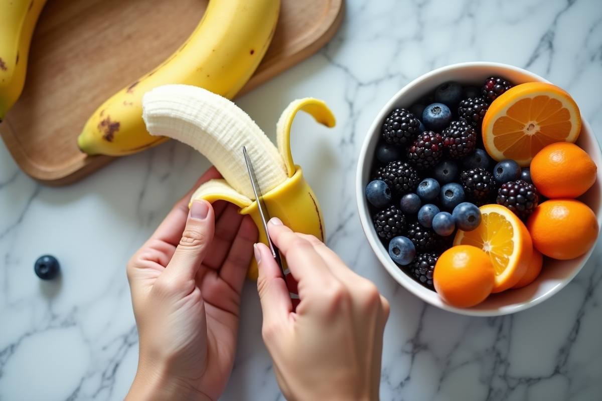Mains coupant une banane à côté d