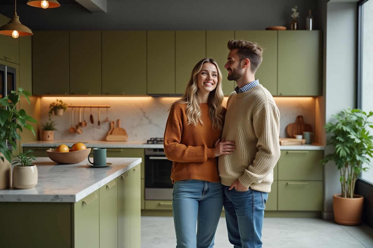 Jeune couple admirant des placards verts dans une cuisine