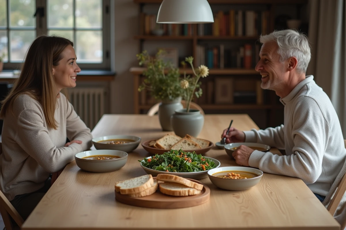 Couple partageant un repas soir équilibré avec soupe de lentilles, pain complet et salade verte dans une salle à manger scandinave