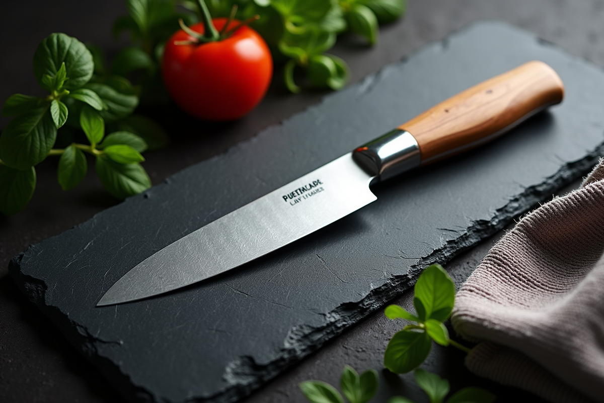 Couteau de chef sur ardoise sombre avec herbes fraîches