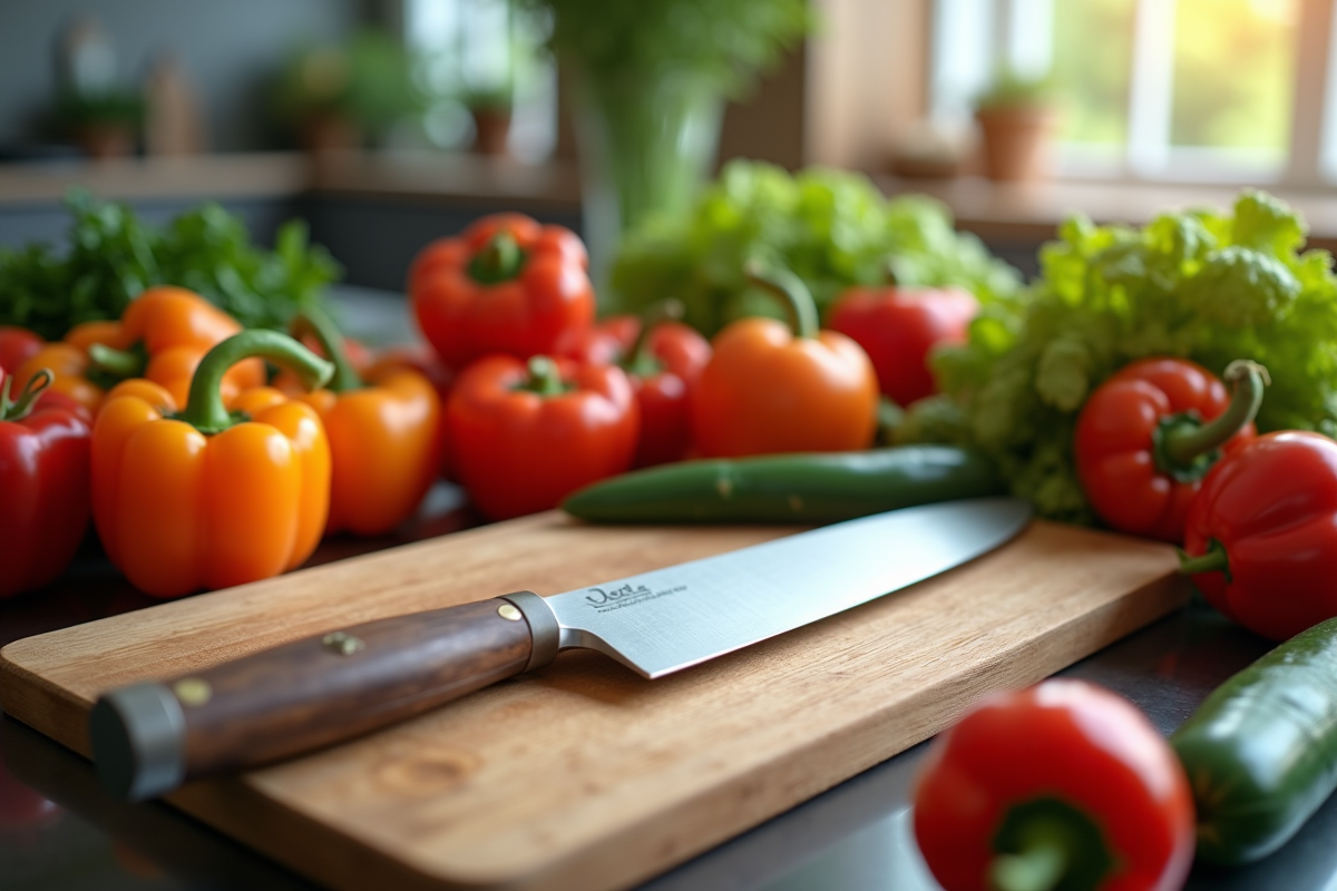 Couteau de chef sur planche en bois avec légumes frais