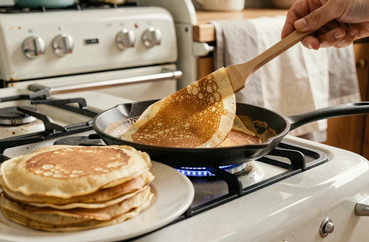 Crêpe dorée retournée dans une poêle en fonte avec une pile de crêpes prêtes sur une assiette blanche