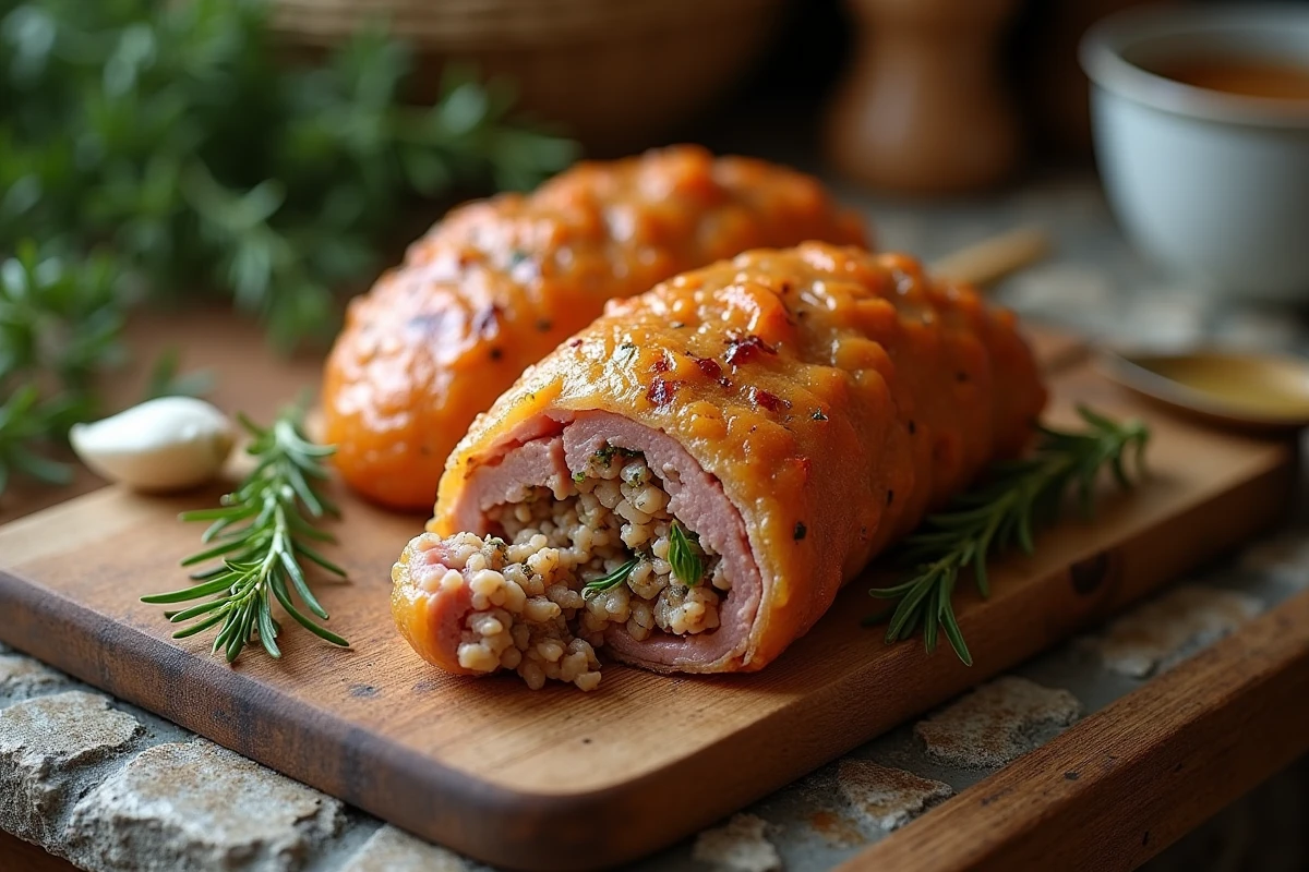 Crépinette de porc maison posée sur une planche en bois rustique avec des herbes fraîches et une farce gourmande visible à travers la crépine