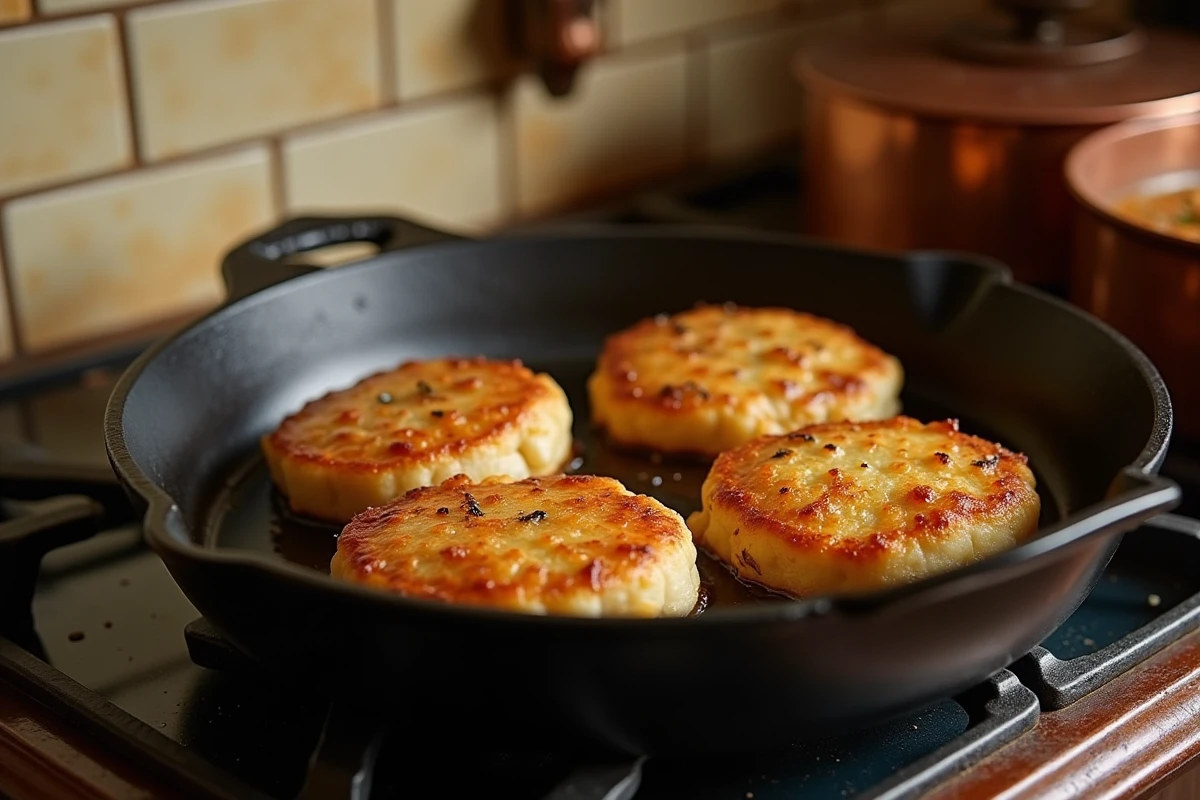 Crépinettes de porc dorées et croustillantes dans une poêle en fonte vintage sur une cuisinière, prêtes à être servies