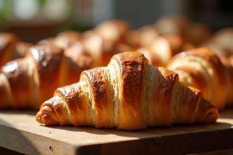 Croissants dorés fraîchement cuits sur un plan de travail en bois