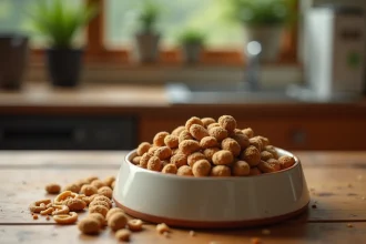 Bol de croquettes à base de farine d'insectes posé sur une surface en bois rustique avec des vers de farine séchés éparpillés autour