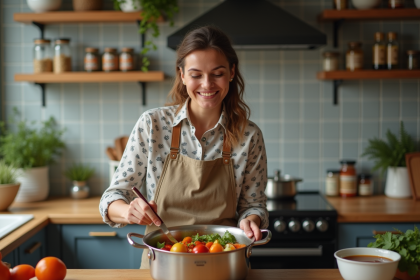 Femme en cuisine remuant un ragoût de légumes colorés