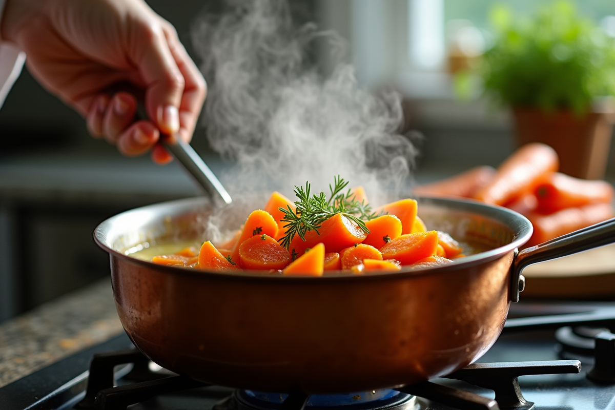 Chef préparant des carottes vichy dans une casserole en cuivre