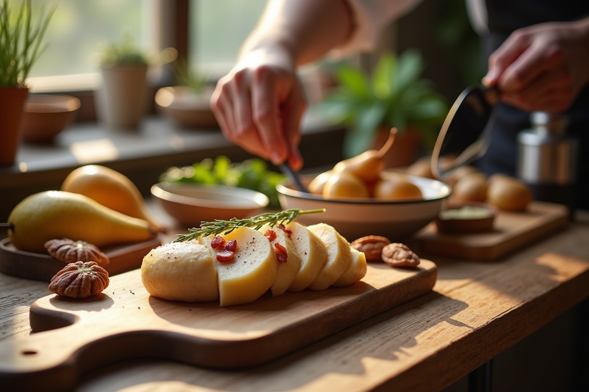 Cuisine rustique avec chef préparant boudin blanc