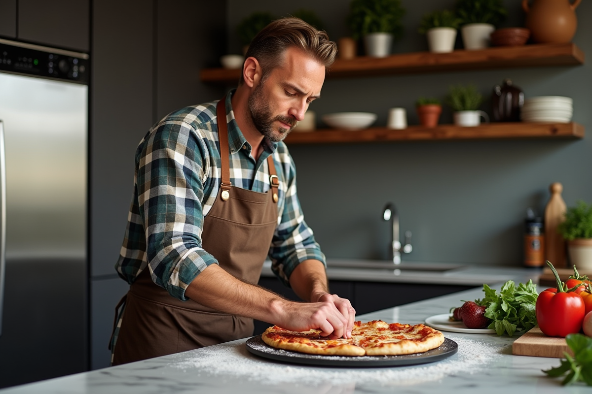 Homme d'âge moyen préparant une pizza dans la cuisine moderne