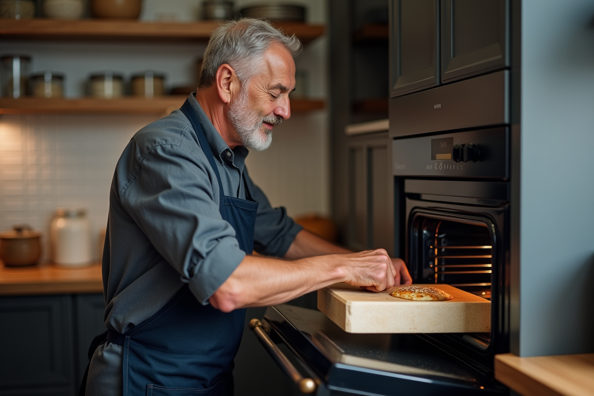 Homme en tablier pose une pierre à pizza dans un four moderne